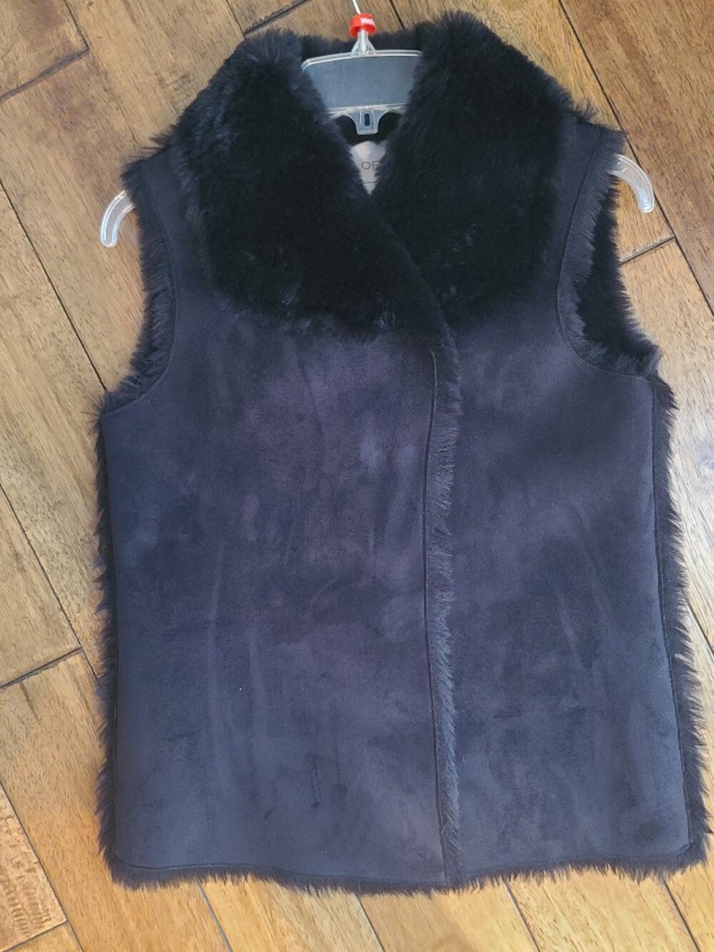Loft Sz XS Black Faux Suede Fur-Lined Vest Short Open Front Sleeveless Collared